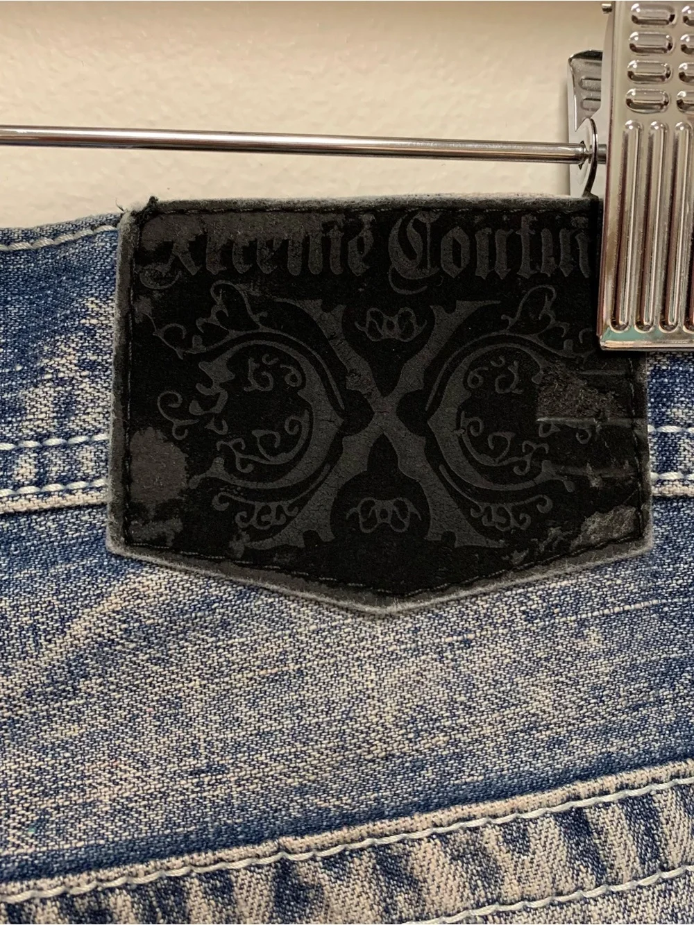 Xtreme Couture Leather Cross Straight Jeans 34 x 27 Y2K Distressed Vtg *Hemmed